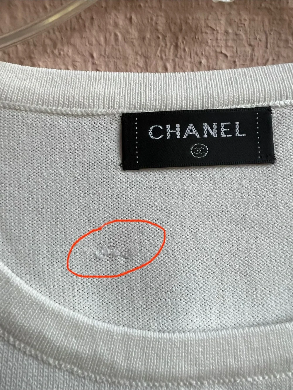 CHANEL White Knit Tee with Black Mesh Overlay Top size XS